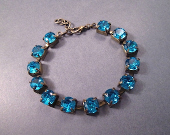 Rhinestone Bracelet, Blue Glass Rhinestone Beaded, Brass Chain Bracelet, FREE Shipping