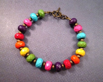 Howlite Stone Bracelet, Bright Rainbow Colors, Brass Beaded Bracelet, FREE Shipping