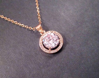 Cubic Zirconia Necklace, White Crystal Pendant, Gold Chain Necklace, FREE Shipping