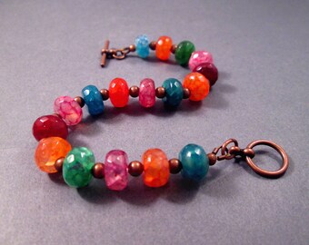 Gemstone Bracelet, Jewel Tone Crackle Quartz Bracelet, Colorful and Copper Beaded Bracelet, FREE Shipping