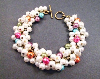 Pearl Cha Cha Bracelet, White and Rainbow Pearl Beaded, Brass Charm Bracelet, FREE Shipping