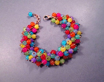 Rainbow Cha Cha Bracelet, Glass Beaded Bracelet, Copper Charm Bracelet, FREE Shipping