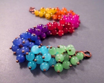 Rainbow Cha Cha Bracelet, Glass Beaded Bracelet, Copper Charm Bracelet, FREE Shipping