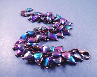 Hematite Gemstone Cha Cha Style Bracelet, Rainbow Electroplated Heart Beaded Bracelet, Copper Charm Bracelet, FREE Shipping