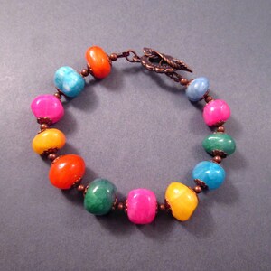 Chunky Gemstone Bracelet, Dyed Jade Nuggets, Colorful and Copper Beaded Bracelet, FREE Shipping image 1