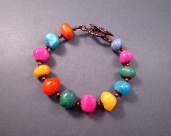 Chunky Gemstone Bracelet, Dyed Jade Nuggets, Colorful and Copper Beaded Bracelet, FREE Shipping