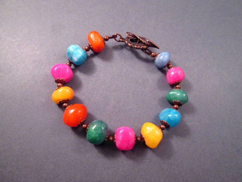 Chunky Gemstone Bracelet, Dyed Jade Nuggets, Colorful and Copper Beaded Bracelet, FREE Shipping image 1