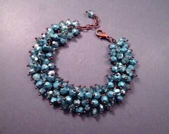Seafoam Blue Cha Cha Bracelet, Metallic and Mirrored Glass Beaded, Copper Chain Bracelet, FREE Shipping