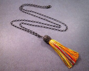 Tassel Necklace, Rayon Rainbow Tassel and Pave Rhinestone Pendant, Gunmetal Silver Chain Necklace, FREE Shipping