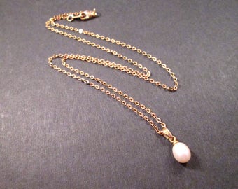 Freshwater Pearl Necklace, Natural White Drop Pearl Pendant, Gold Chain Necklace, FREE Shipping