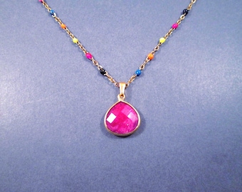 Natural Ruby Gemstone Necklace, Teardrop Stone Bezel, Rainbow Beaded Gold Chain Necklace, FREE Shipping