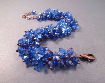 Cha Cha Style Flower Bracelet, Sapphire Blue Blossoms, Copper Charm Bracelet, FREE Shipping