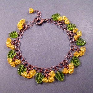 Copper Charm Bracelet, Flower Beaded Bracelet, Yellow Bells and Green Leaves, Glass Beaded Bracelet, FREE Shipping image 4
