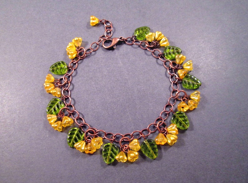 Copper Charm Bracelet, Flower Beaded Bracelet, Yellow Bells and Green Leaves, Glass Beaded Bracelet, FREE Shipping image 4