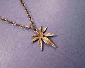 Marijuana Leaf Necklace, Cannabis Pendant, Brass Chain Necklace, FREE Shipping