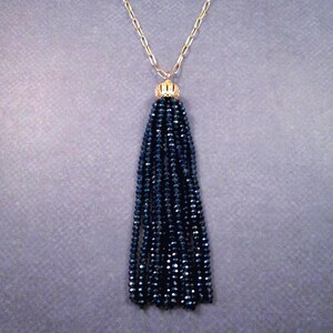 Tassel Necklace, Midnight Blue Glass Beaded Tassel and Pave Pendant Necklace, Gold Chain Necklace, FREE Shipping