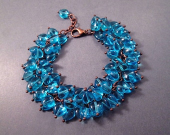 Aqua Blue Heart Bracelet, Cha Cha Style Beaded Bracelet, Copper Charm Bracelet, FREE Shipping