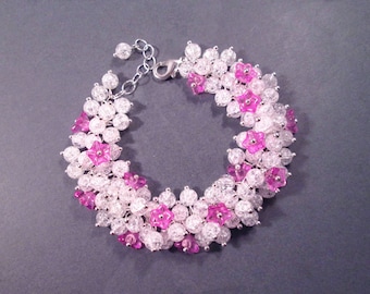 Flower Cha Cha Bracelet, Cherry Blossom Pink, White Crackle Glass Beaded Bracelet, Silver Charm Bracelet, FREE Shipping