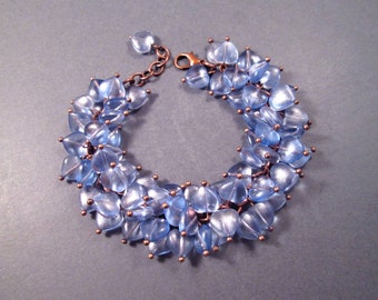 Blue Luster Heart Bracelet, Cha Cha Style Bracelet, Copper Charm Bracelet, FREE Shipping