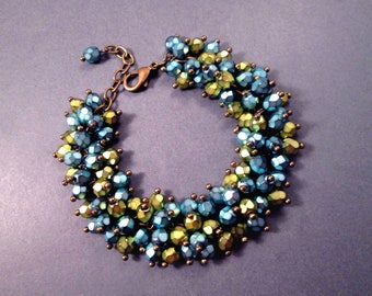 Cha Cha Style Bracelet, Metallic Blue and Green Glass Beaded, Brass Charm Bracelet, FREE Shipping