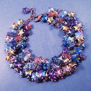 Star Cha Cha Bracelet, Nebula Color Mix, Half Mirrored Glass Beaded, Copper Charm Bracelet, FREE Shipping