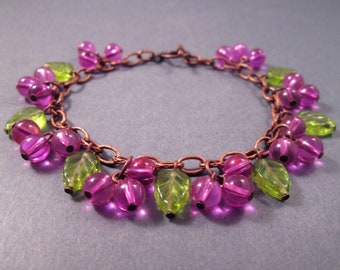 Berry Charm Bracelet, Purple and Green Glass Beaded, Copper Chain Bracelet, FREE Shipping