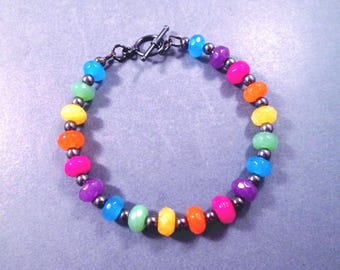 Gemstone Bracelet, Rainbow Dyed Jade Stone Bracelet, Gunmetal Silver Beaded Bracelet, FREE Shipping