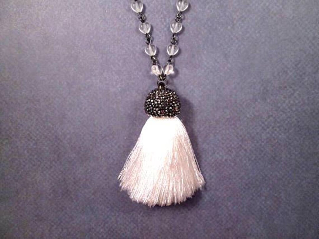 White Tassel Necklace Extra Long Glass Beaded Pave Etsy