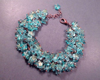 Star Cha Cha Bracelet, Aquamarine Blue Green Glass Beaded, Copper Charm Bracelet, FREE Shipping