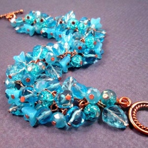 SALE Flower Charm Bracelet, Aqua Blue Bouquet, Rose Gold Tone, Copper Beaded Bracelet, FREE Shipping image 2