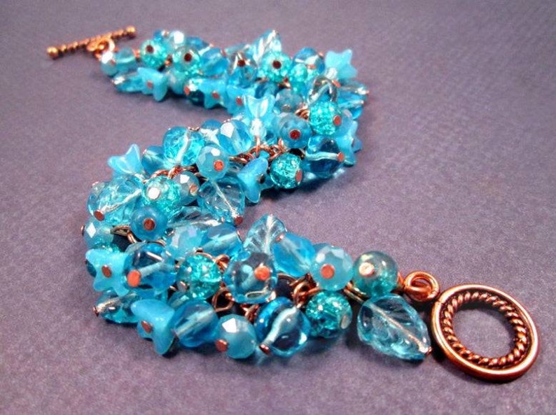 SALE Flower Charm Bracelet, Aqua Blue Bouquet, Rose Gold Tone, Copper Beaded Bracelet, FREE Shipping image 2