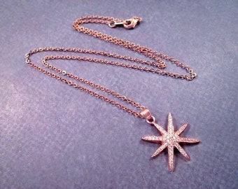 North Star Pendant Necklace, White Cubic Zirconia Pave, Rose Gold Chain Necklace, FREE Shipping