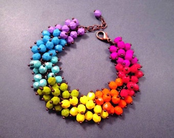 Copper Cha Cha Bracelet, Rainbow Glass Beaded, Ombre Watercolor Charm Bracelet, FREE Shipping