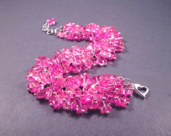Star Cha Cha Bracelet, Bubblegum Pink Glass Beaded, Silver Charm Bracelet, FREE Shipping