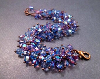 Copper Cha Cha Bracelet, Periwinkle and Purple Glass Beaded, Wire Wrapped Charm Bracelet, FREE Shipping