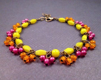 Brightest Berry Bracelet, Colorful Charm Bracelet, Brass Chain Bracelet, FREE Shipping