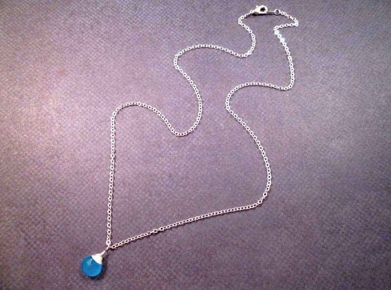 Wire Wrapped Briolette Pendant Necklace, Blue Chalcedony Gemstone, Silver Chain Necklace, FREE Shipping image 4