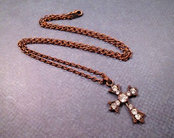 Rhinestone Cross Necklace, Victorian Style, White Glass Rhinestone and Copper Pendant Necklace, FREE Shipping