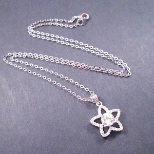 Cubic Zirconia Necklace, White Rhinestone Star Flower Pendant, Silver Chain Necklace, FREE Shipping