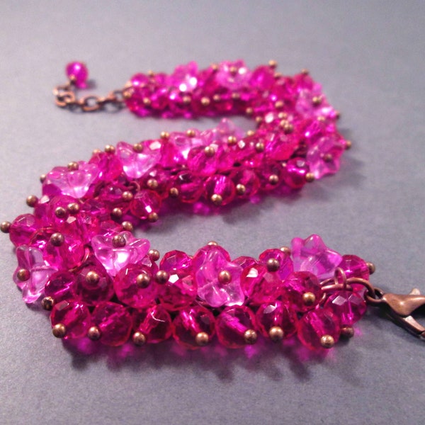 Cha Cha Style Flower Bracelet, Fuchsia Glass Beads and Hot Pink Blossoms, Copper Charm Bracelet, FREE Shipping