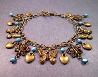 SALE - Butterfly Charm Bracelet, I Heart Butterflies, Brass Beaded Chain Bracelet, FREE Shipping