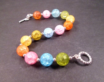 SALE - Gemstone Bracelet, Yellow Green Blue Pink Orange Crackle Quartz, Silver Beaded Bracelet, FREE Shipping