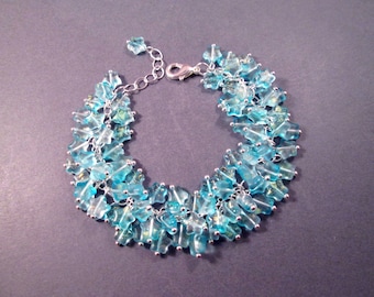 Star Cha Cha Bracelet, Sky Blue Glass Beaded, Silver Charm Bracelet, FREE Shipping