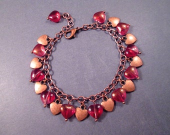 Heart Charm Bracelet, Berry Red Glass Hearts and Copper Charms, Beaded Chain Bracelet, FREE Shipping