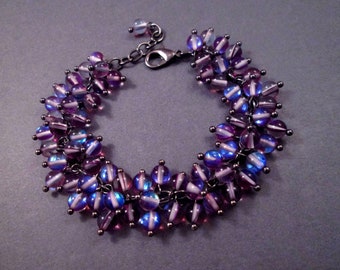 Gunmetal Silver Charm Bracelet, Violet Purple Man Made Moonstone Glass Bracelet, Cha Cha Style Beaded Bracelet, FREE Shipping