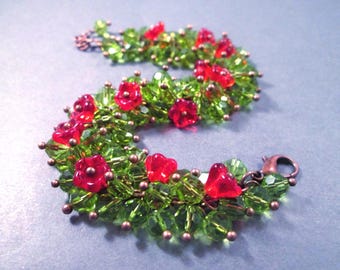 Flower Cha Cha Bracelet, Red and Green Crystal Glass Beaded Bracelet, Copper Charm Bracelet, FREE Shipping