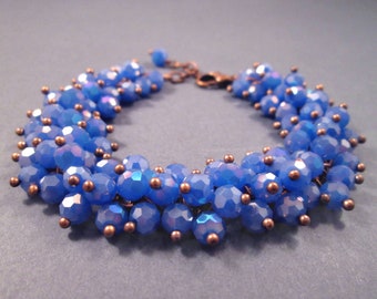 Cornflower Blue Cha Cha Bracelet, Fire Polished Glass Bead Beaded, Copper Charm Bracelet, FREE Shipping