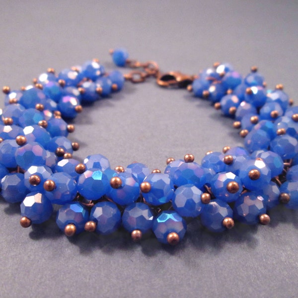 Cornflower Blue Cha Cha Bracelet, Fire Polished Glass Bead Beaded, Copper Charm Bracelet, FREE Shipping