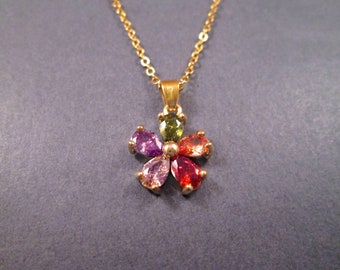 Rainbow Flower Pendant Necklace, Gold Chain Necklace, Cubic Zirconia Necklace, FREE Shipping