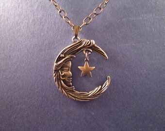 Moon and Star Necklace, Man in the Moon Pendant Necklace, Brass Chain Necklace, FREE Shipping